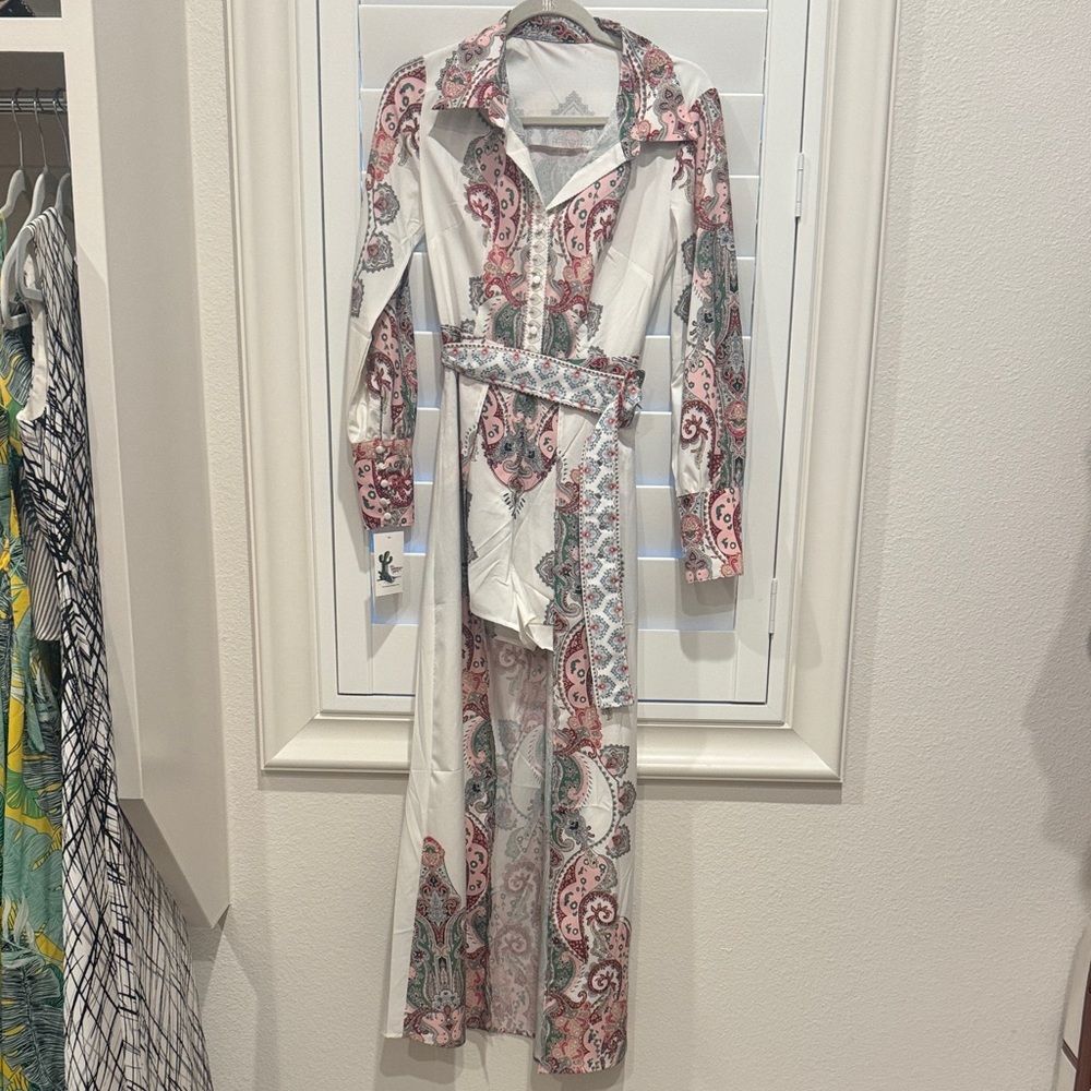 Paisley Print Shorts Jumper With Ling Skirt Slit UP The Frint with Belt